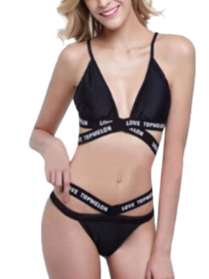 Women's Black Letters Print Triangle Bikini Set Cut Out Brazilian Beach Suit